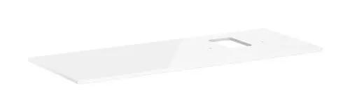 Weiße, rechteckige Konsole von Hansgrohe mit Ausschnitt, geeignet für einen Aufsatzwaschtisch. Oberfläche in Hochglanz, einfache und funktionale Gestaltung.